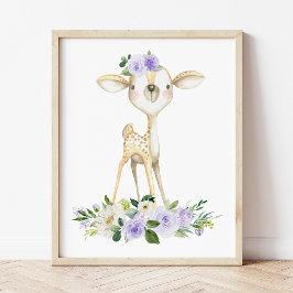 Baby Deer, Woodland Animals, Boho, Purple Flowers Foto Afdruk