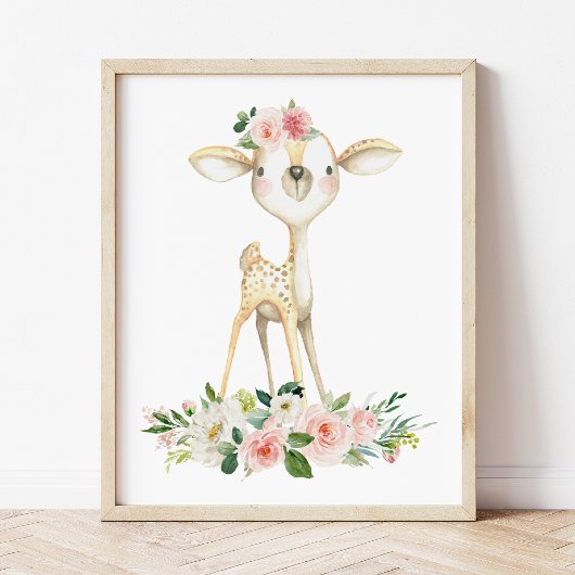 Baby Deer, Woodland Animals, Boho, Roze Flowers Foto Afdruk