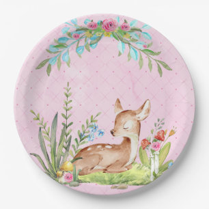 Baby Deer zit in een roze baby gras Papieren Bordje