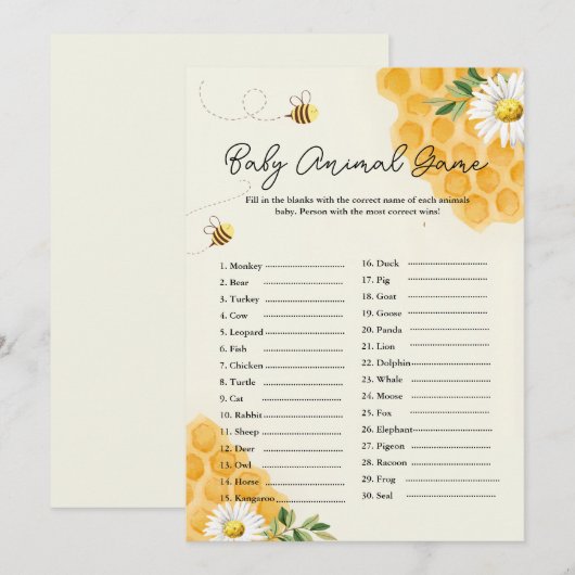 Baby Dier BEE Baby Shower Spelkaart Kaart (Voorkant / Achterkant)