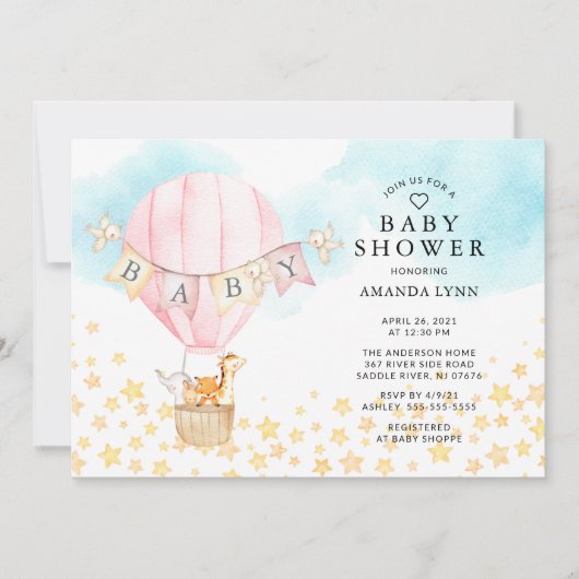 Baby Dieren Hete Luchtballon Baby Meisje Douche Kaart (Voorkant)