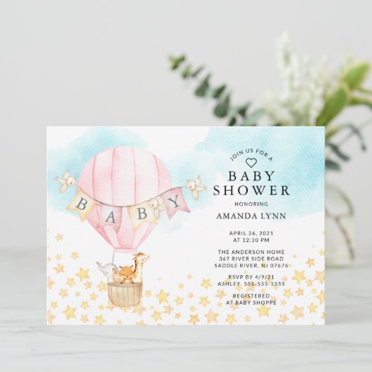 Baby Dieren Hete Luchtballon Baby Meisje Douche Kaart (Staand voorkant)