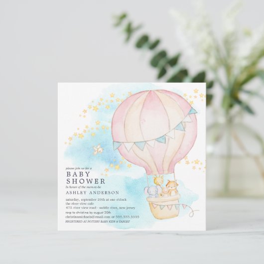 Baby-dieren Hot Air ballon Ride Baby Girl Shower Kaart (Staand voorkant)