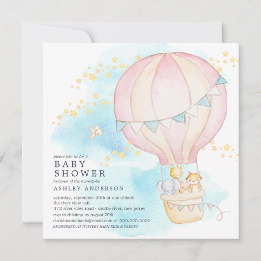Baby-dieren Hot Air ballon Ride Baby Girl Shower Kaart (Voorkant)