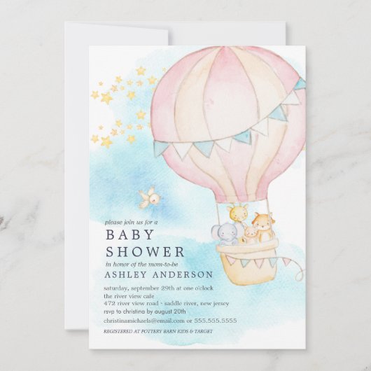Baby-dieren Hot Air ballon Ride Baby Girl Shower Kaart (Voorkant)