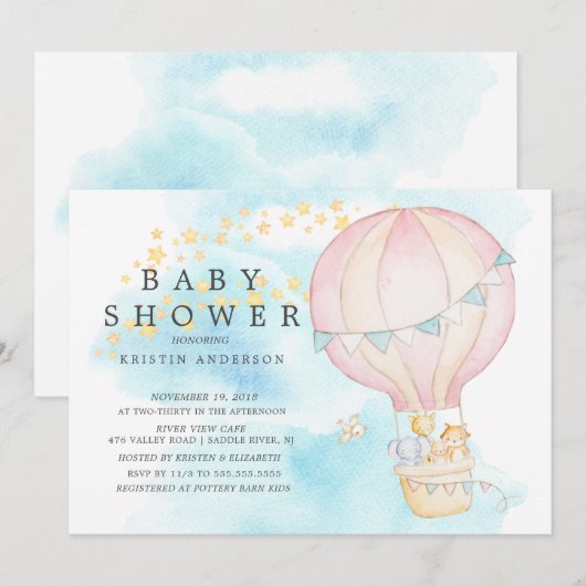 Baby-dieren Hot Air Ballon Ride Baby shower Kaart (Voorkant / Achterkant)