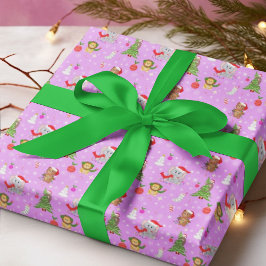 Baby Dieren in de Dierentuin vieren Kerstmis Roze  Cadeaupapier