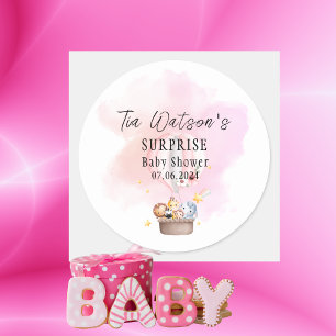 Baby Dieren Safari In Roze Hete Luchtballon Ronde Sticker