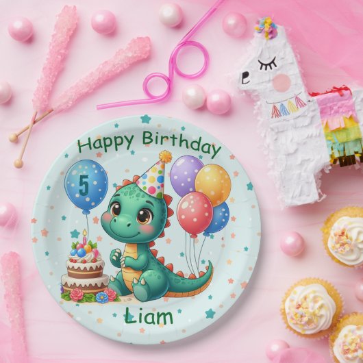 Baby Dino Birthday Party Plates Papieren Bordje (Feest)