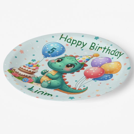 Baby Dino Birthday Party Plates Papieren Bordje (Gekanteld)