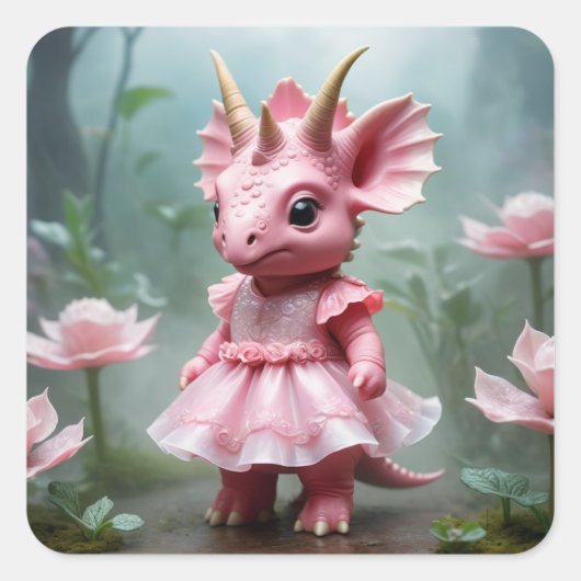 Baby Dino in een roze jurk Vierkante Sticker (Voorkant)