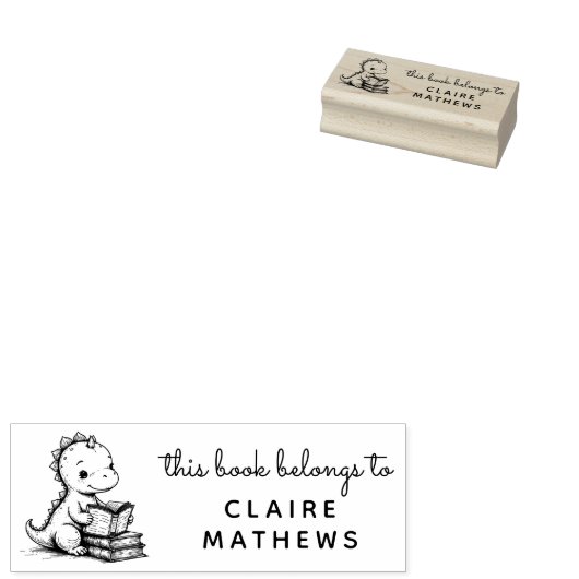 Baby Dino Reader Ex Libris Custom Stamp Rubberstempel (Gestempeld)