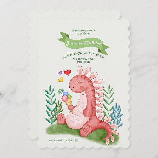 Baby Dino roze uitnodiging (Voorkant / Achterkant)