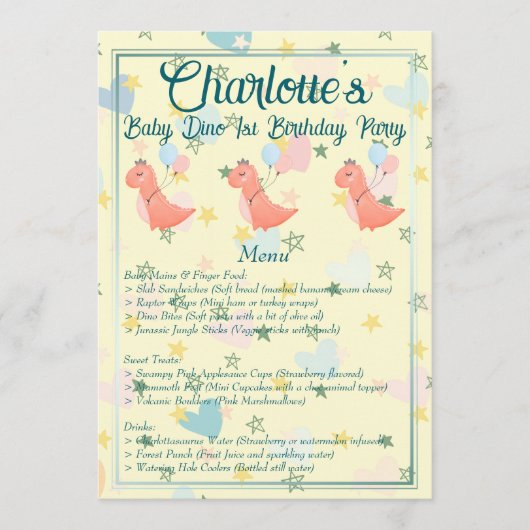 Baby Dino Verjaardagsfeestje Menu (Voorkant)