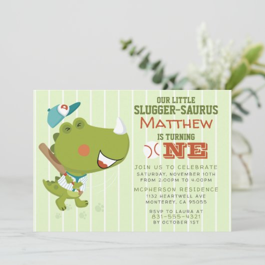 Baby Dinosaur Baseball 1-jarig feest Kaart (Staand voorkant)