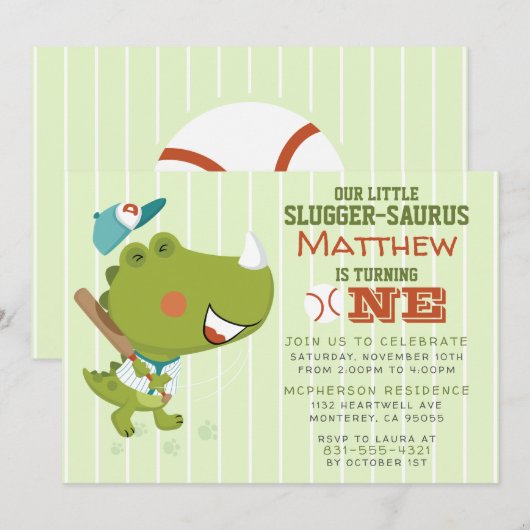 Baby Dinosaur Baseball 1-jarig feest Kaart (Voorkant / Achterkant)