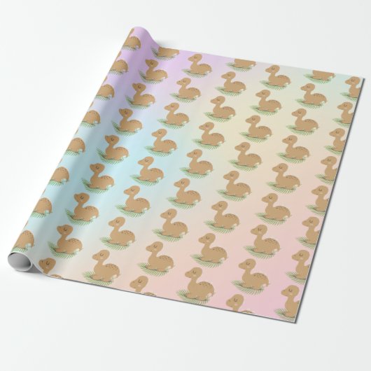 Baby Dinosaur op Leaf en Rainbow Cadeaupapier (Uitgerold)