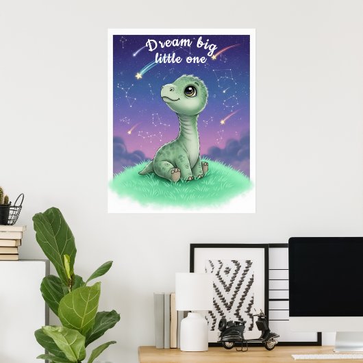 Baby Dinosaur op Night Sky, Kwekerij  Poster (Thuiskantoor)