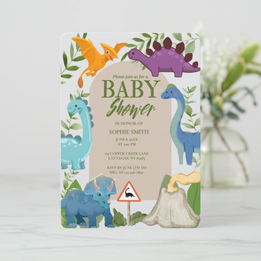 Baby Dinosaurs, Volcano, T-Rex Baby Shower Kaart (Staand voorkant)