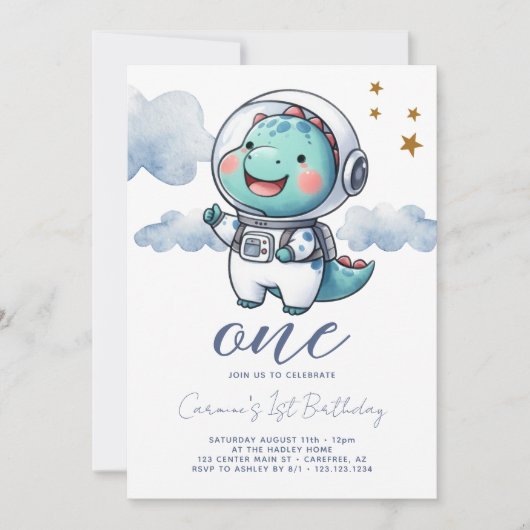 Baby Dinosaurus Astronaut Jongen 1e Verjaardag Kaart (Voorkant)