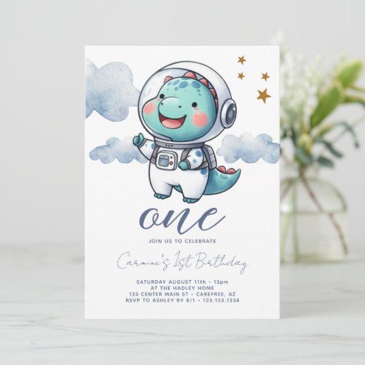 Baby Dinosaurus Astronaut Jongen 1e Verjaardag Kaart (Staand voorkant)