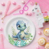 Baby Dinosaurus Groen en Blauw Papieren Bordje (Feest)