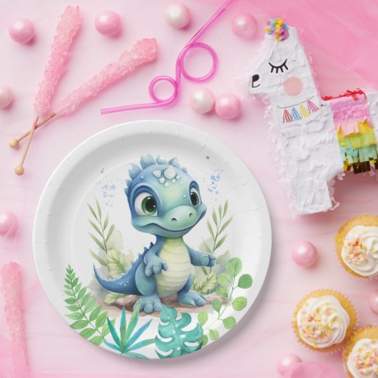 Baby Dinosaurus Groen en Blauw Papieren Bordje (Feest)