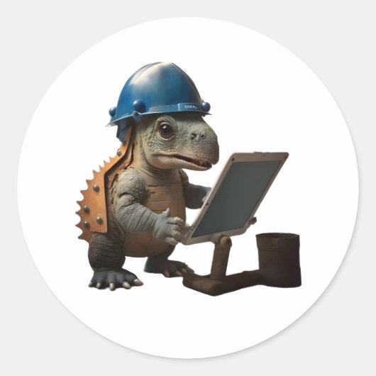 baby dinosaurus industrieel ingenieur met tablet ronde sticker (Voorkant)