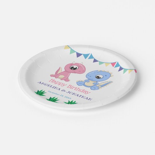 Baby Dinosaurus Jongen en Meisje Gezamenlijke Verj Papieren Bordje (Gekanteld)