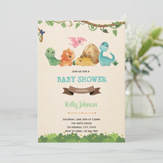 Baby dinosaurus schattige uitnodiging (Staand voorkant)