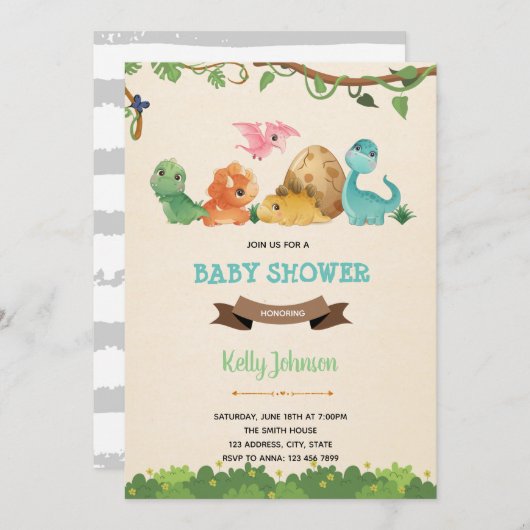 Baby dinosaurus schattige uitnodiging (Voorkant / Achterkant)