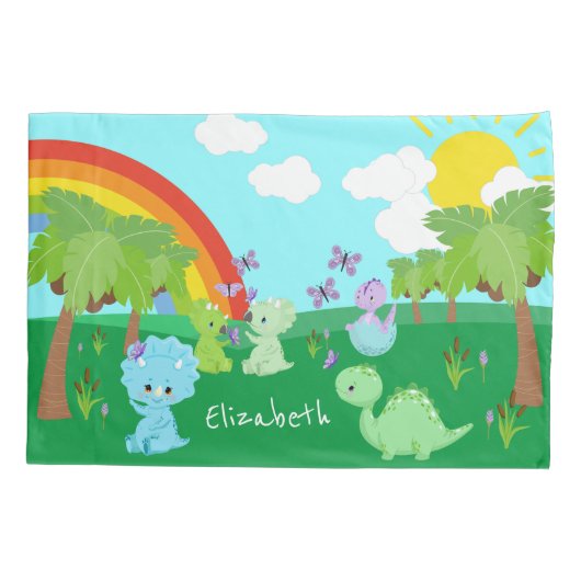 Baby dinosaurussen met buistraten, regenboog en zo kussensloop (Achterkant)