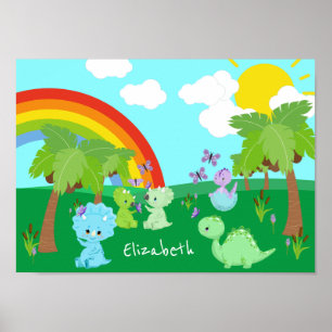 Baby dinosaurussen met buistraten, regenboog en zo poster