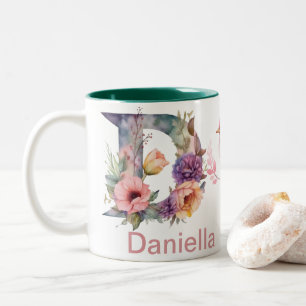 Baby Dog Fotonaam Letter D Floral Monogram Bird Tweekleurige Koffiemok