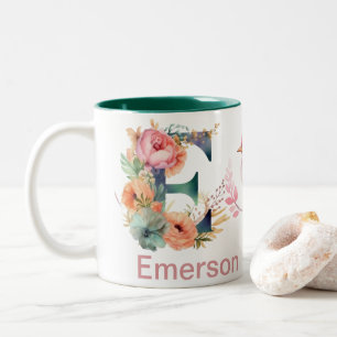 Baby Dog Fotonaam Letter E Floral Monogram Vogel Tweekleurige Koffiemok