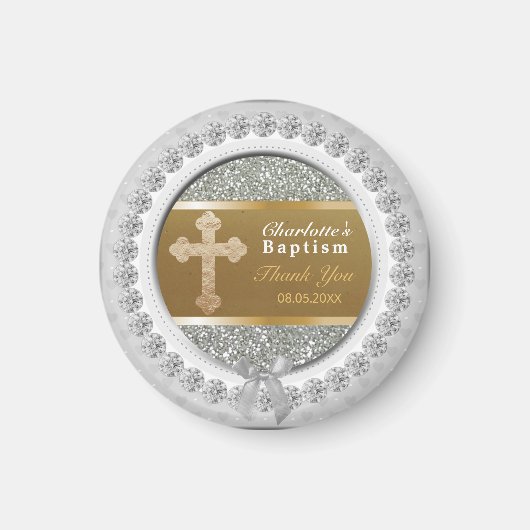 Baby Doop Bedankt Keepsake Gold Cross Silver Magneet (Voorkant)