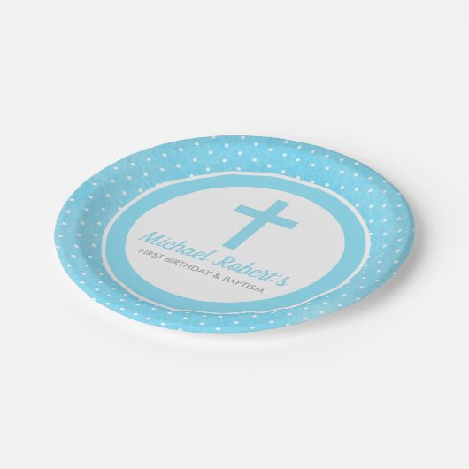 Baby doop eerste verjaardag Blue Cross Boy Papieren Bordje (Gekanteld)