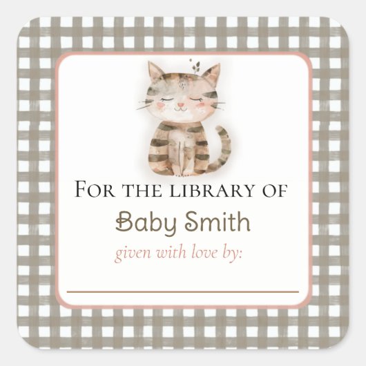 Baby Douche Bookplate Sticker met Leuke Kitten (Voorkant)
