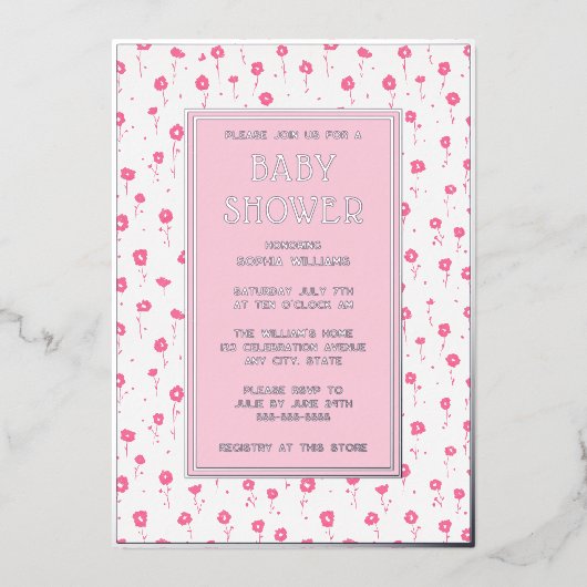 Baby Douche Uitnodigingen Bloemen Roze Zilver Scha (Voorkant)