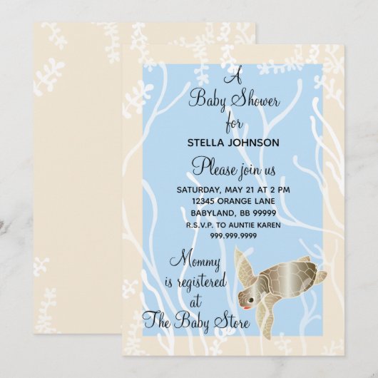 Baby douche uitnodigingen Cream/Blue Turtle uitnod (Voorkant / Achterkant)