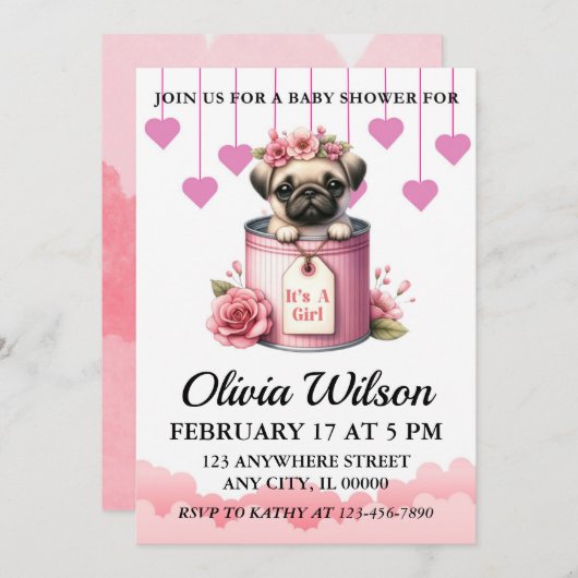 Baby douche uitnodigingen, Puppy thema uitnodiging (Voorkant / Achterkant)