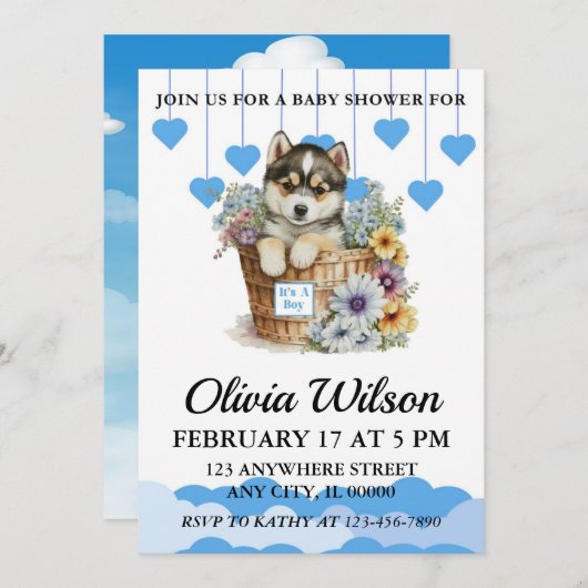 Baby douche uitnodigingen, Puppy thema uitnodiging (Voorkant / Achterkant)