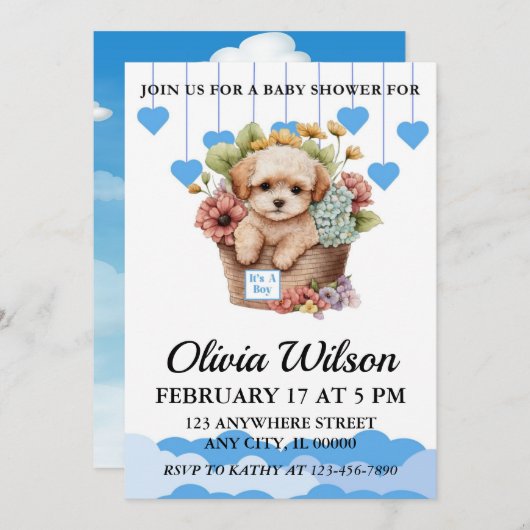Baby douche uitnodigingen, Puppy thema uitnodiging (Voorkant / Achterkant)