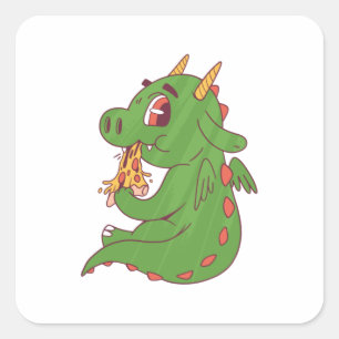 Baby Draak Eet Lekkere Pizzapunt Ontwerp Vierkante Sticker