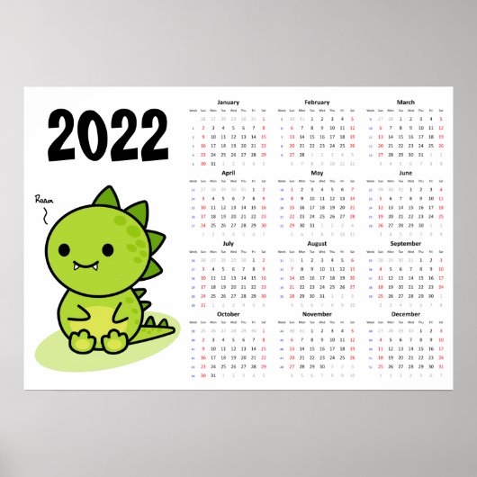Baby draak Kalender 2022 Poster - Zondag start (Voorkant)