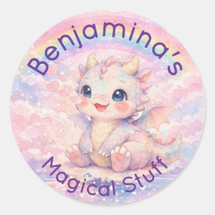 Baby Draak Regenboog Mooie Roze Harten Fantasie Ronde Sticker