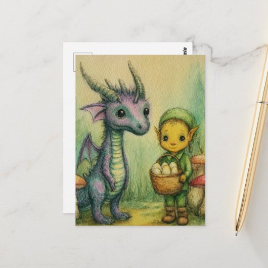 Baby Dragon and Elf With Eggs Briefkaart (Voorkant / Achterkant in situ)