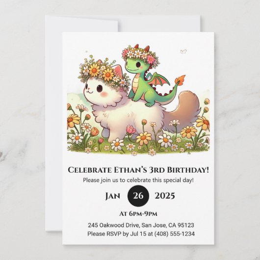 Baby Dragon and Fluffy Cat in Flower Birthday Kaart (Voorkant)
