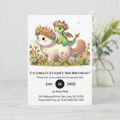 Baby Dragon and Fluffy Cat in Flower Birthday Kaart (Staand voorkant)