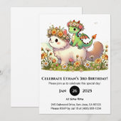 Baby Dragon and Fluffy Cat in Flower Birthday Kaart (Voorkant / Achterkant)